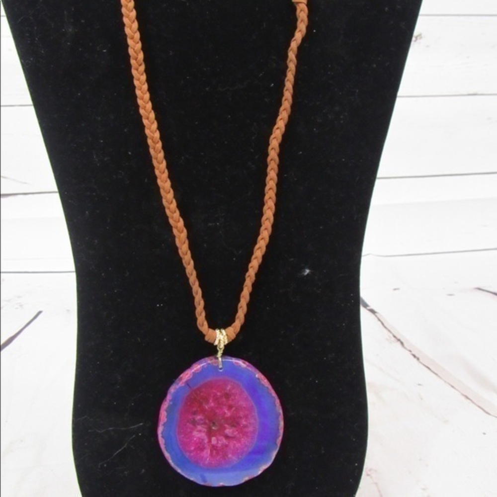 Mosaic crystal pendant leather necklace